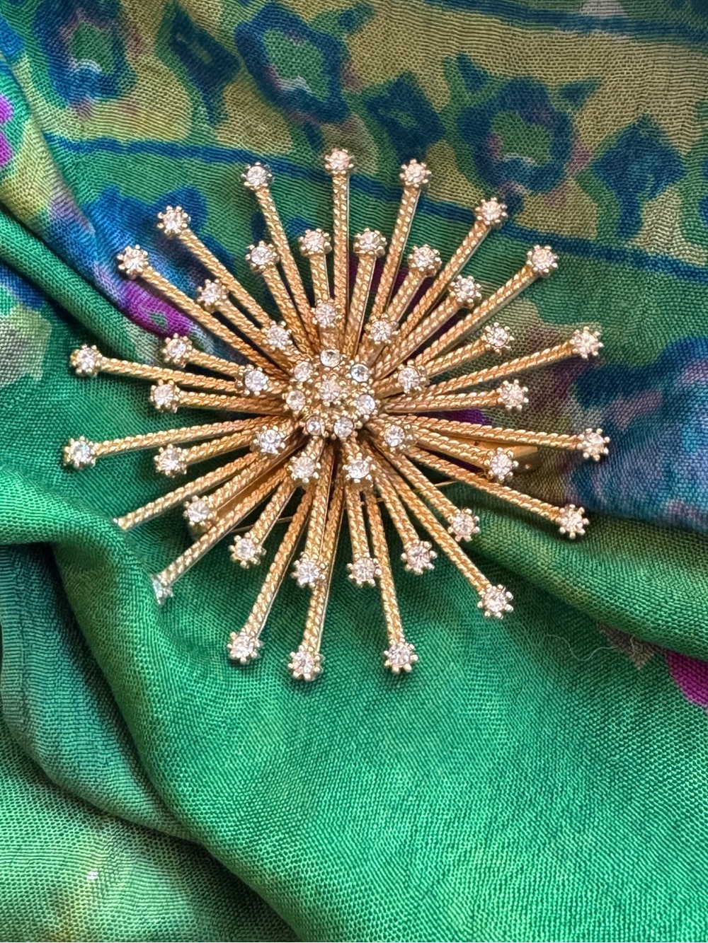 Gold Crystal Sunburst Atomic Brooch Pin